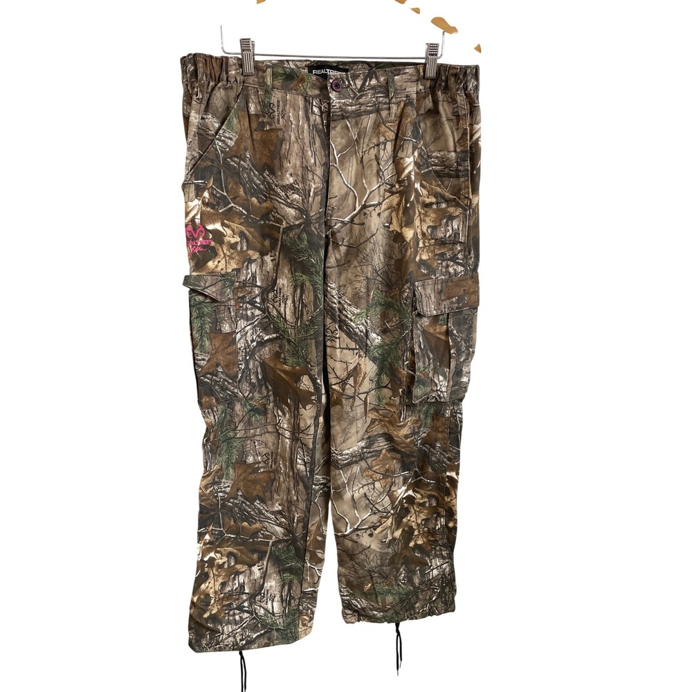 Realtree Xtra Camo Cargo Pants‎ Womens XL Pink Logo Utility Drawstring Hem
